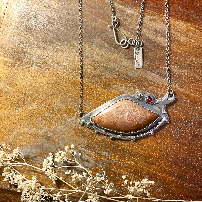 Red Fossilized Coral and Hummingbird Pendant